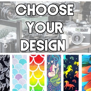 May include: A collage of colorful fabric designs with the text "Choose Your Design". The designs include a black and white floral pattern, a purple and blue geometric pattern, a rainbow mermaid scale pattern, a mermaid with a crown, a black and white pattern with a white horse, and a blue and orange feather pattern.