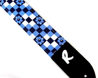 Preppy Blue Flower Guitar Strap - Blue White Flower Design Guitar Strap-Works for Electric Acoustic and Bass Guitars