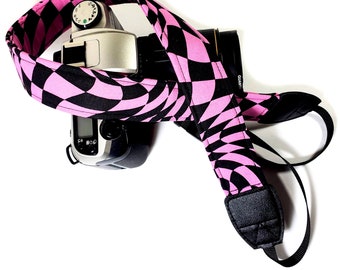 Pink Diamond Swirl Camera Strap - Pink Black Camera Strap - Double Padded Comfortable-DSLR / SLR