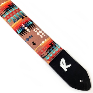 Tribal Southwest Guitar Strap - Aztec - Tribal - Navajo - Southwestern Guitar on Tan Strap - Handmade-Double Padded Comfortable