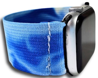 Blue White Tie Dye Elastic Watch Band for Apple Watch -  38mm 40mm 41mm 42mm 44mm 45mm 46mm 49mm, All Series(Models Ultra 2 SE Series 1-11)