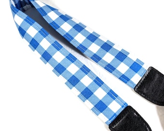 Blue Plaid Ukulele Strap -Blue Buffalo Check Double Padded-Cool Ukulele Strap - Button Free - Universal Strap