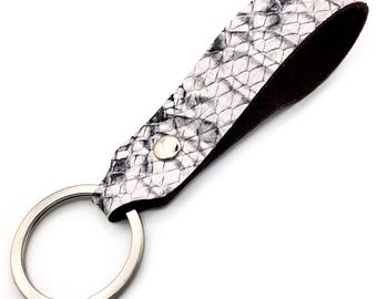 Blue Snake Print Leather Keychain, Blue White Leather Keychain, Keyfob, Slim Keychain, Your Choice of Hardware, Gold, Black, Silver