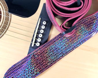Iridescent Scallop Premium Leather Guitar Strap- Pink Silver Sparkle Leather Guitar Strap -100% Leather Guitar Strap-
