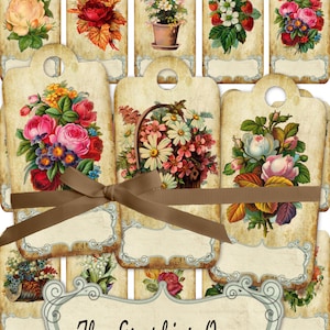 Shabbic Chic Vintage Flower Bouquet Tag Collage digitale Fogli Download digitale istantaneo Regalo Bomboniera Etichetta tag digitale Matrimonio