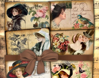 Harrison Fisher Vintage Postcards Cards Labels Tags Victorian Women Fashion Images Digital Paper Print Shabby Chic ATC ACEO Paper Crafts ATC