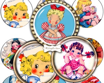 INSTANT DOWNLOAD- Digital Vintage Little Girls 2.5 inch Circles Digital Collage Sheet Images for Pendant, Cupcake Toppers Journaling Penpal