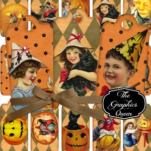 Instant Download Vintage Halloween Party Favor Tags Kids Clipart Digital Collage Sheet Tags Scrapbooking Journal Journaling Card Supplies
