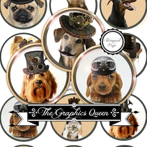 Steampunk Dogs Cupcake Topper Digital Paper Instant Download Steampunk Jewelry Necklace Pocket Mirror Digital Supplies Junk Journal Supplies