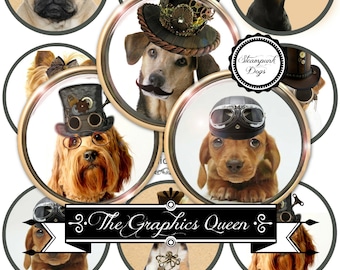 May include: A set of 12 round cupcake toppers featuring various dogs wearing steampunk-themed hats and accessories. The toppers are printed on a white background with a gold border. The text "Steampunk Dogs" and "The Graphics Queen" are included on the toppers.