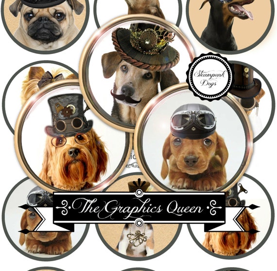 Steampunk Dogs Cupcake Topper Digital Paper Instant Download Steampunk Jewelry Necklace Pocket Mirror Digital Supplies Junk Journal Supplies