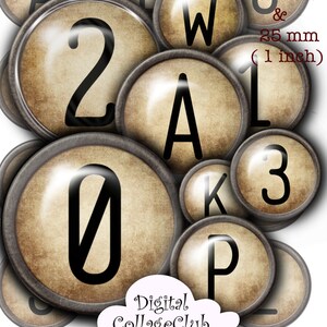 May include: A set of vintage-style alphabet and number buttons with a distressed, aged paper texture. The buttons are 1 inch (25 mm) in diameter and feature a silver-coloured metal rim. The letters and numbers are black and printed on a cream-coloured background. The text "Digital CollageClub" is also visible in the image.