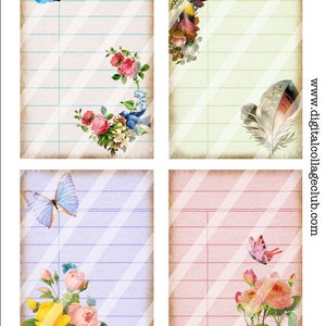May include: Four printable digital paper designs with a vintage aesthetic. Each design features a different combination of flowers, butterflies, and birds on a lined background with diagonal stripes. The designs are perfect for scrapbooking, card making, and other paper crafts.