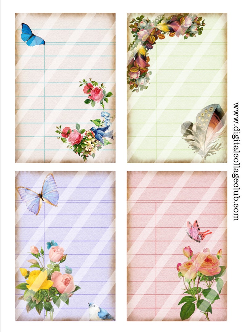 May include: Four printable digital paper designs with a vintage aesthetic. Each design features a different combination of flowers, butterflies, and birds on a lined background with diagonal stripes. The designs are perfect for scrapbooking, card making, and other paper crafts.