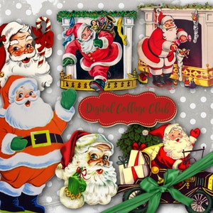 Puede incluir: Una hoja de collage digital con ilustraciones vintage de Papá Noel en varias poses. Las ilustraciones incluyen a Papá Noel cargando una bolsa de juguetes, Papá Noel de pie junto a una chimenea, Papá Noel conduciendo un automóvil y Papá Noel sosteniendo un bastón de caramelo. La hoja de collage es perfecta para manualidades y scrapbooking.