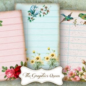 May include: Three printable journal pages with lined paper and floral designs. The first page has red roses in the corner, the second page has blue flowers and white flowers in the corner, and the third page has pink roses and green birds in the corner. The pages have the text "The Graphics Queen" in the center.