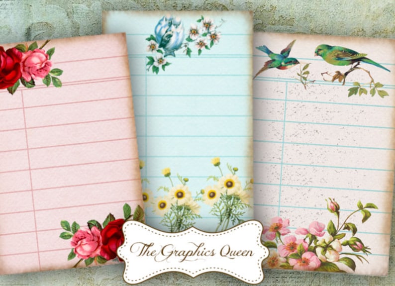 May include: Three printable journal pages with lined paper and floral designs. The first page has red roses in the corner, the second page has blue flowers and white flowers in the corner, and the third page has pink roses and green birds in the corner. The pages have the text "The Graphics Queen" in the center.