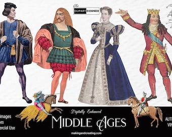 Medieval Clipart PNG Bundle Authentic Vintage Middle Ages Images Graphics Transparent Historical Ephemera Renaissance Knight Queen King Art