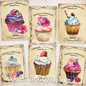 Shabby Chic French Cupcakes Digital Collage Sheet ATC Cards Jewellery Jewelry Holders Digital Images for Cardmaking Cards