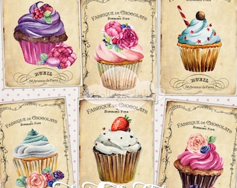 Shabby Chic French Cupcakes Digital Collage Sheet ATC Cards Jewellery Jewelry Holders Digital Images for Cardmaking Cards