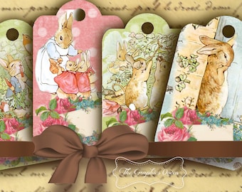 Peter Rabbit Hang/Gift Tags/Labels Beatrix Potter Bunny Cards Digital Easter DIGITAL Atc Aceo Printable Collage Sheet