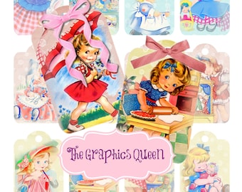 Vintage Retro Cute Little Girls Gift Tags for Aceo Embellishment, Scrapbooking Printable Collage Sheet Journalling Scrapbooking Paper Supply