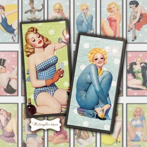 Pin Up Digital Collage Sheet Pin Up Girl Digital Art Vintage Sheet 1 x 2 Domino Collage Sheet Domino Tiles Image Rectangle Journal Spread