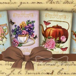 Shabby Chic Tea Time Party Vintage afbeeldingen voor sieradenhouders, digitale achtergronden, ATC-kaarten, Aceo, digitale collage Art Print Scrapbooking