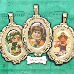 May include: Three gold oval-shaped locket pendants with ornate frames. Each locket features a different vintage illustration: a pair of fairies kissing, a young girl with a flower, and a fairy playing a flute.