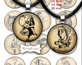 Imágenes redondas de Alicia en el País de las Maravillas de 12 mm, 20 mm, 30 mm y 1 pulgada (25 mm) para tapas de botellas, fabricación de joyas, álbumes de recortes, imanes y artículos de papelería.
