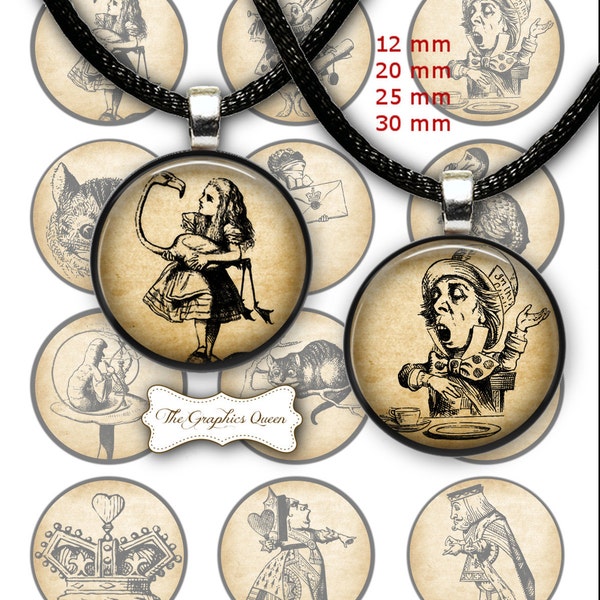 Images rondes d'Alice au pays des merveilles 12 mm, 20 mm, 30 mm, 1 pouce (25 mm) pour capsule de bouteille, fabrication de bijoux, scrapbooking, aimants Fournitures de journal