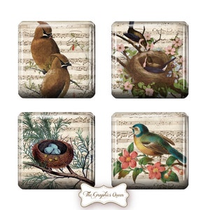 Musical Birds and Nests 1 inch Square Digital Collage Vintage Images 1x1 Scrabble Tile Birds Clipart Journal Cards Journaling Embellishments