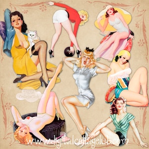 Vintage Pin Up Girls Clipart Clip Art Images for Scrapbooking, Decoupage, Card Making. Digital Collage Sheet Instant Download