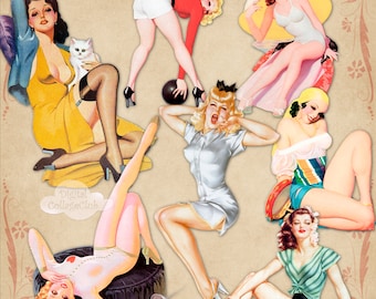 Vintage Pin Up Girls Clipart Clip Art Bilder für Scrapbooking, Decoupage, Kartengestaltung. Digitale Collage Blatt Sofort Download