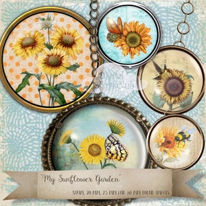 My Sunflower Garden 12 mm, 20 mm, 25 mm 1 Inch 30 mm Digital Round Circle Images for Bottlecaps Bottle Caps Card Making Scrapbooking