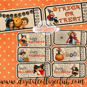 Vintage rétro Halloween enfants billets collage numérique feuille étiquettes imprimables décorations de fête bandes coupon scrapbooking carnet de notes Correspondant