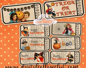 Vintage Retro Halloween Kinder Tickets Digital Collage Sheet Tags Printable Partydekoration Streifen Coupon Scrapbooking Journaling Penpal