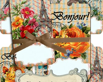 Instant Download Vintage Paris Party Digital Collage Sheet Favor Tags Shabby Chic Digital Tags Eiffel Tower Print Paris Decor Journaling ATC