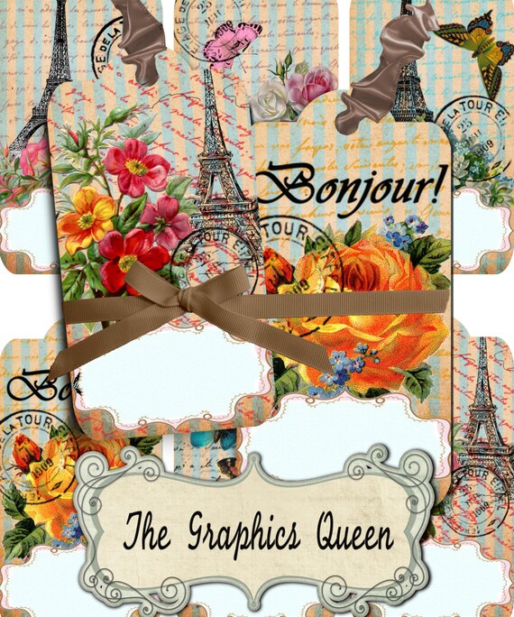 Instant Download Vintage Paris Party Digital Collage Sheet Favor Tags Shabby Chic Digital Tags Eiffel Tower Print Paris Decor Journaling ATC