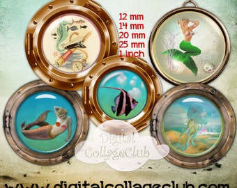 Seaside and Mermaids Digital Collage Sheet 12 mm, 14 mm, 20 mm, 25 mm 1 Inch Round Circle Digital Images Bottle caps Journaling Cardmaking