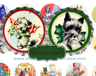 Tapón de botella vintage con imagen de perro Scotty, imágenes navideñas para colgantes, imanes, hoja de collage de 2,5 cm, scrapbooking, retazos, diario, ATC