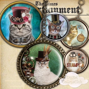 Steampunk Cats 1 Inch Digital Collage Sheet Bottle Cap Images for Jewelry Making Steampunk Jewelry Instant Download Journaling Scrapbooking