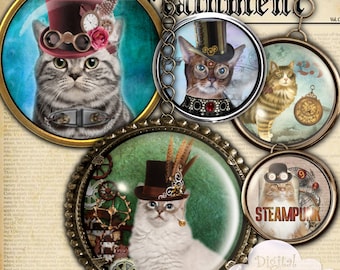 スチームパンク猫 1インチ デジタルコラージュシート ボトルキャップ画像 ジュエリー製作 スチームパンクジュエリー 即時ダウンロード ジャーナリング スクラップブッキング