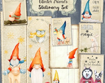 Winter Friends Stationery Set Digital Images for Scrapbooking Cards Labels Bookmarks Cardmaking Decoupage Invitations Craft Paper Journaling