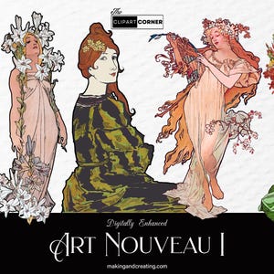 Vintage Art Nouveau Women Ladies Art Print Drawing Clip Art Transparent Background Old Digital Decoupage Images Illustration Graphics