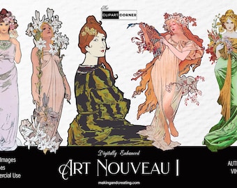 Vintage Art Nouveau Women Ladies Art Print Drawing Clip Art Transparent Background Old Digital Decoupage Images Illustration Graphics