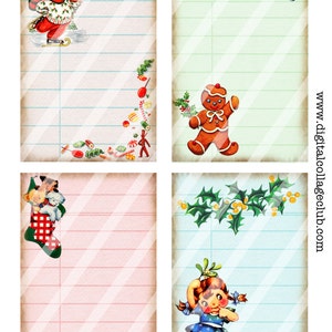 Puede incluir: Cuatro etiquetas de regalo imprimibles con tem&aacute;tica navide&ntilde;a vintage con papel rayado e ilustraciones de un ni&ntilde;o patinando sobre hielo, un hombre de jengibre, un ni&ntilde;o con una media y un ni&ntilde;o bajo el mu&eacute;rdago. Las etiquetas tienen un aspecto vintage con un fondo descolorido y un patr&oacute;n a rayas.