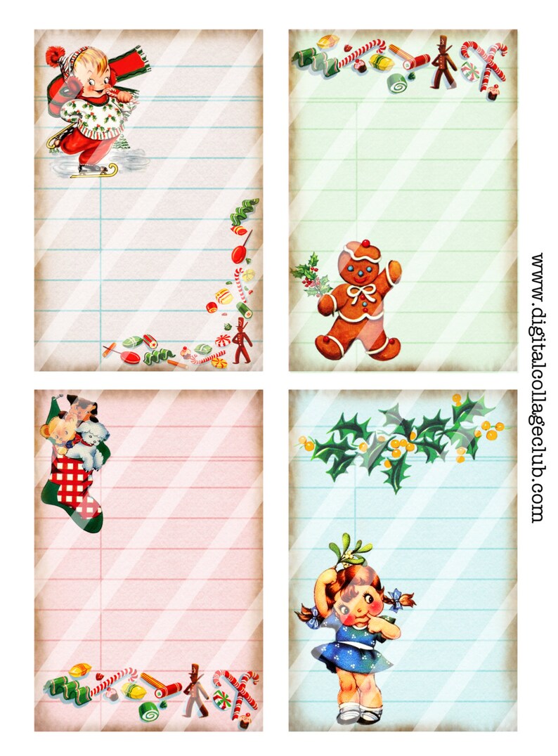 Puede incluir: Cuatro etiquetas de regalo imprimibles con tem&aacute;tica navide&ntilde;a vintage con papel rayado e ilustraciones de un ni&ntilde;o patinando sobre hielo, un hombre de jengibre, un ni&ntilde;o con una media y un ni&ntilde;o bajo el mu&eacute;rdago. Las etiquetas tienen un aspecto vintage con un fondo descolorido y un patr&oacute;n a rayas.