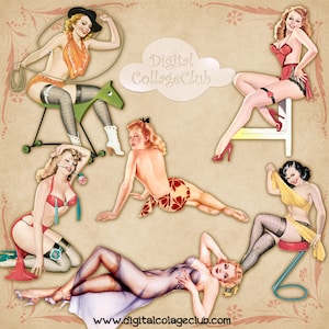 Vintage Pin Up Girls Clipart Clip Art Images for Scrapbooking, Decoupage, Card Making. Digital Collage Sheet Instant Download Journaling ATC
