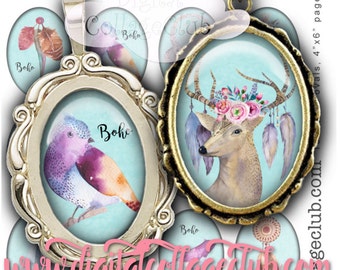 May include: Two oval-shaped, silver-toned, metal picture frames with glass fronts. The frame on the left features a watercolor painting of a purple and blue bird with orange and yellow accents. The frame on the right features a watercolor painting of a deer with antlers, wearing a flower crown and feathers. Both frames have the word "Boho" printed in black on a light blue background.